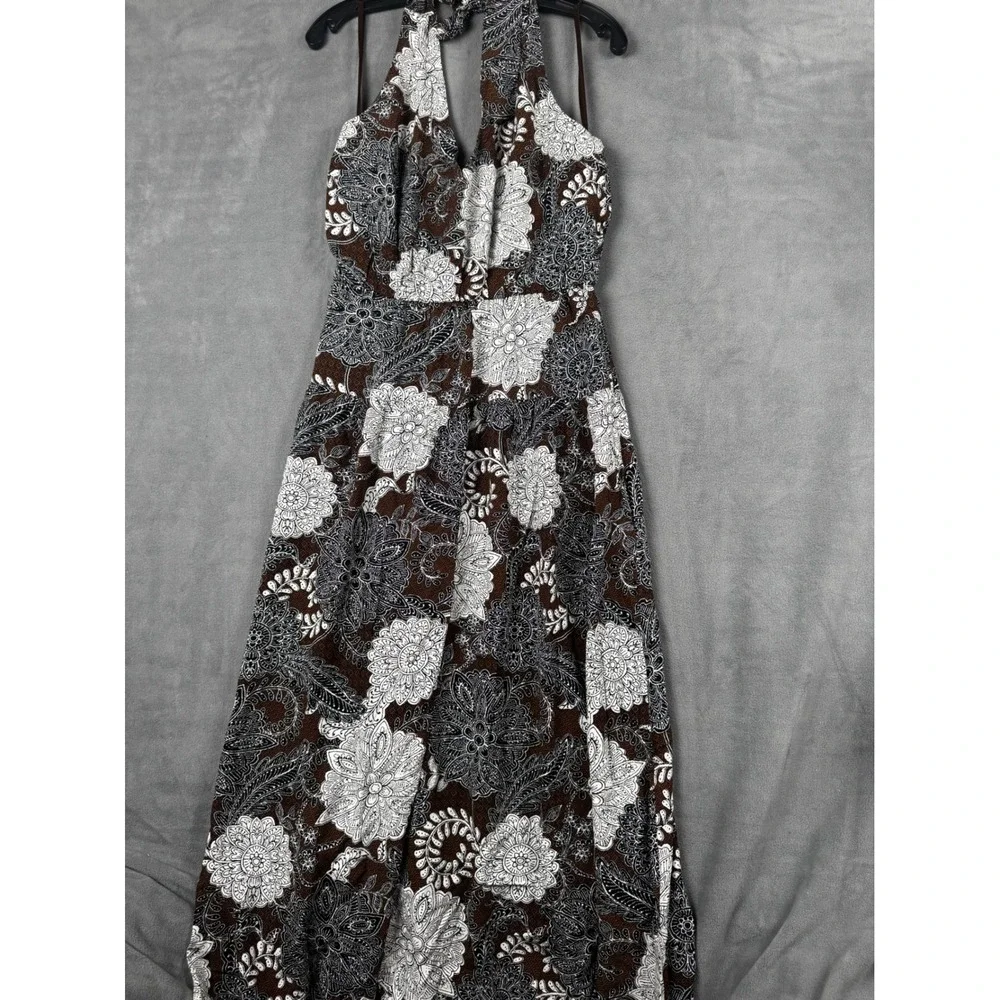 New Loft Brown White Floral Paisley Halter Maxi Dress Size 4 Boho‎ Summer V-Neck
